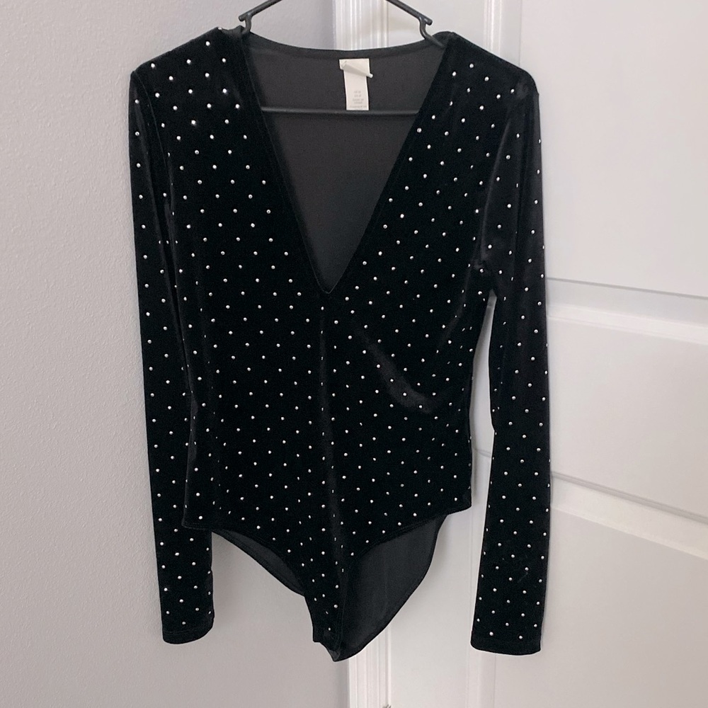 H&M bodysuit velvet black with little rhinestones size S